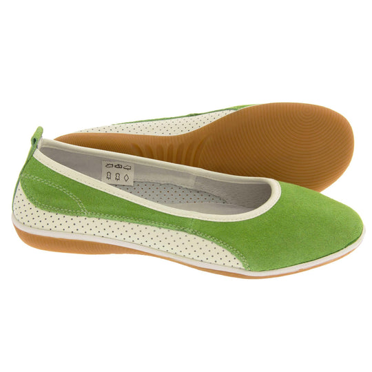 Women's leather shoes flat. Ballet style flat with a green suede upper. White leather mesh runs along the bottom of the back half of the shoe. Brown sole. White edging around the sole and the opening of the shoe. White leather lining. Green leather loop on heel of the shoe to help pull on. Both feet from a side profile with the left foot on its side behind the the right foot to show the sole.