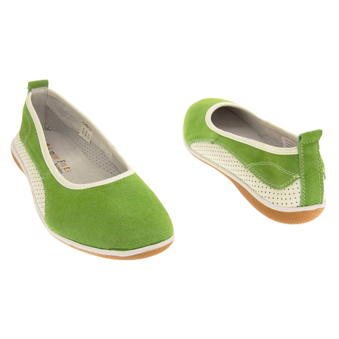 Women's leather shoes flat. Ballet style flat with a green suede upper. White leather mesh runs along the bottom of the back half of the shoe. Brown sole. White edging around the sole and the opening of the shoe. White leather lining. Green leather loop on heel of the shoe to help pull on. Both feet almost vertical facing top to tail.