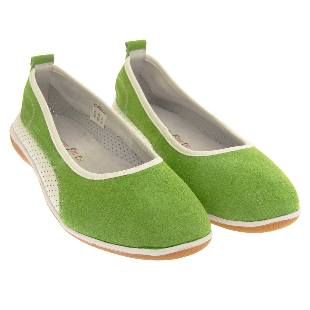 Women's leather shoes flat. Ballet style flat with a green suede upper. White leather mesh runs along the bottom of the back half of the shoe. Brown sole. White edging around the sole and the opening of the shoe. White leather lining. Green leather loop on heel of the shoe to help pull on. Both feet together at a slight angle.