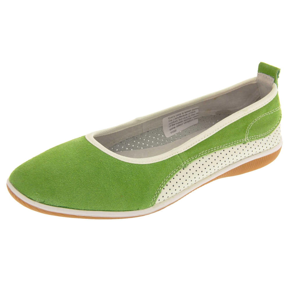 Women'[s leather shoes flat. Ballet style flat with a green suede upper. White leather mesh runs along the bottom of the back half of the shoe. Brown sole. White edging around the sole and the opening of the shoe. White leather lining. Green leather loop on heel of the shoe to help pull on. Left foot at an angle.