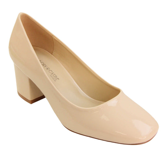 Womens nude block heel. Womens court shoes with nude patent faux leather uppers. Nude block heel. Beige faux leather lining with beige textile lining at the heel. Beige sole. Right foot at an angle.
