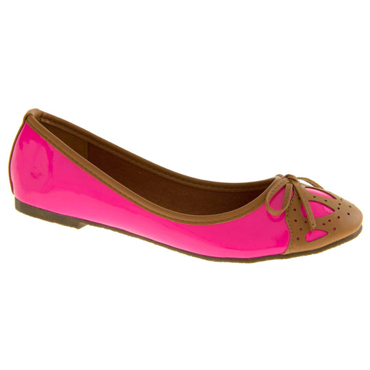 Womens ballerina shoe. Pink patent leather effect ballet pumps with brown faux leather collar and detailing to the toe. Brown sole with a very slight heel. Right foot at an angle.