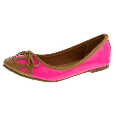 Women's ballerina shoe. Pink patent leather effect ballet pumps with brown faux leather collar and detailing to the toe. Brown sole with a very slight heel. Left foot at an angle.
