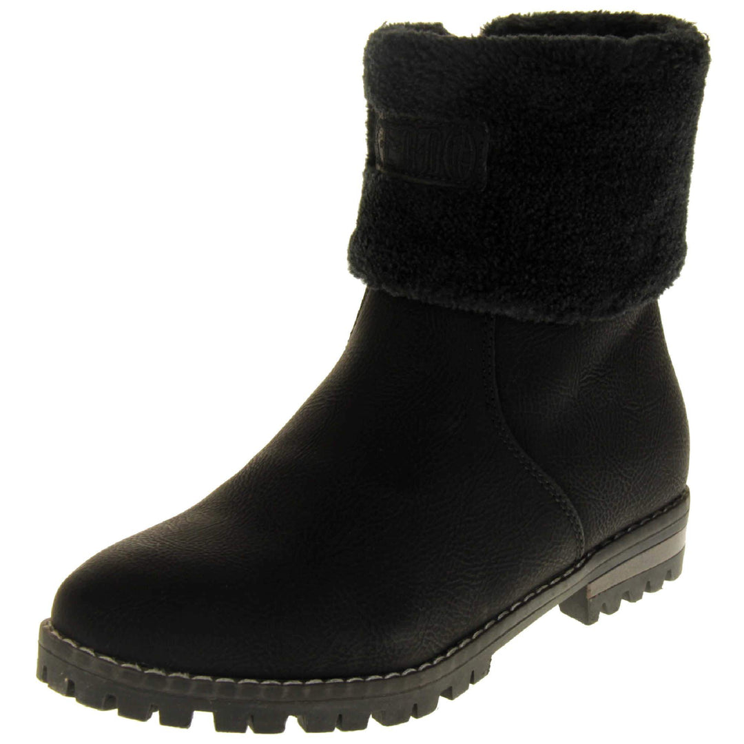 Womens Black Ankle Boots - Black synthetic leather with grain effect, contrast stitching to outsole and colour matching fur to cuff with 'Keddo' logo to front. Left foot at angle.