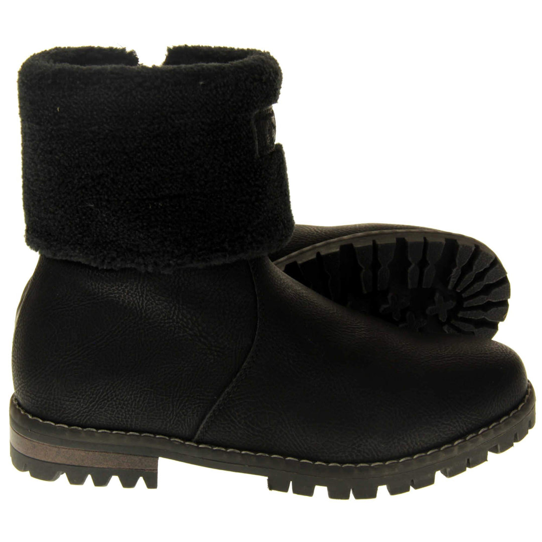 Womens Black Ankle Boots - Black synthetic leather with grain effect, contrast stitching to outsole and colour matching fur to cuff with 'Keddo' logo to front. Side view with outsole showing.