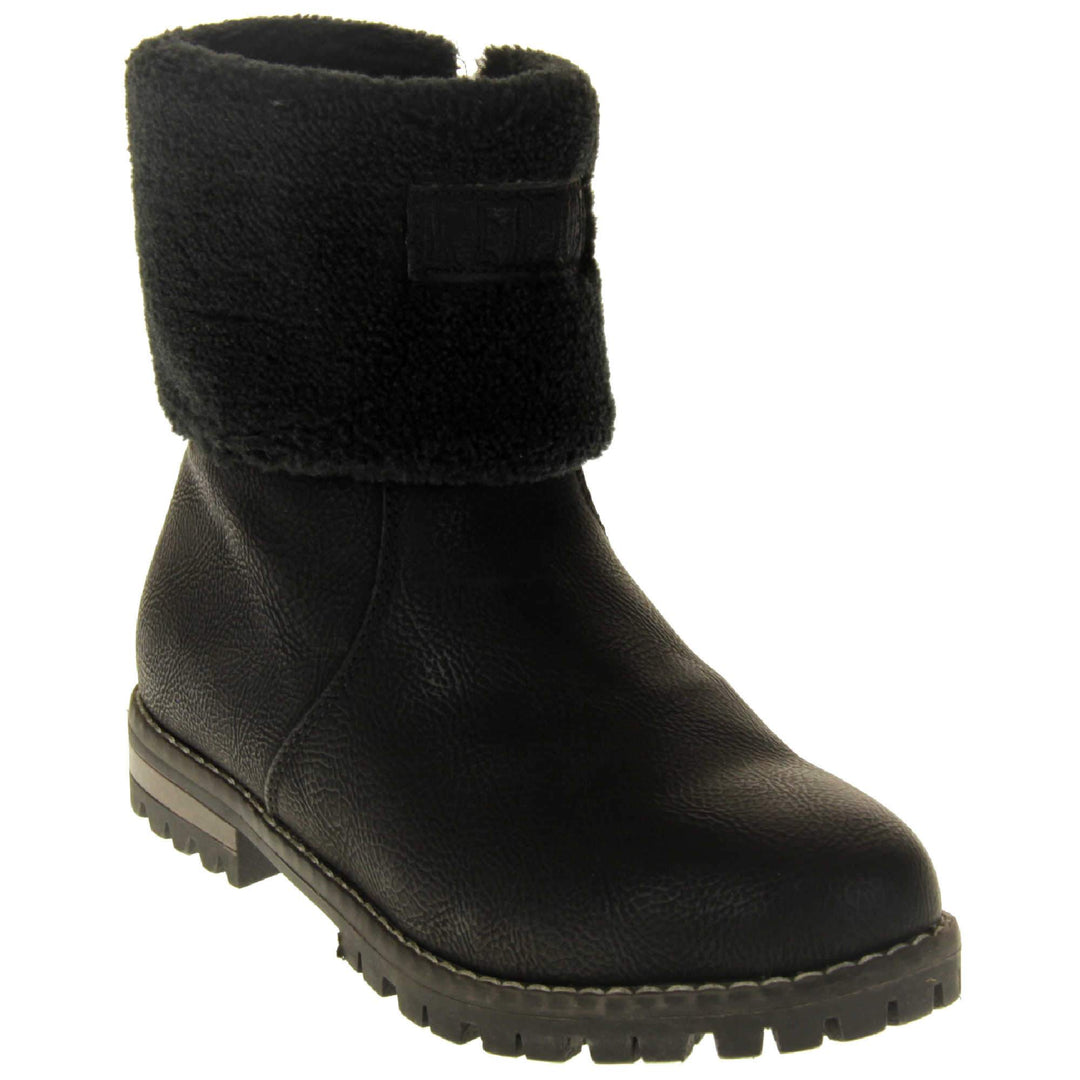 Womens Black Ankle Boots - Black synthetic leather with grain effect, contrast stitching to outsole and colour matching fur to cuff with 'Keddo' logo to front. Right foot at angle.