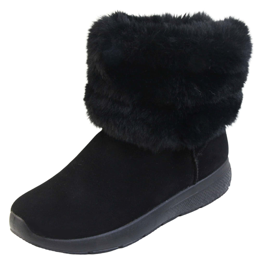 Womens Faux Fur Lined Ankle Boots - Black ankle boots with slight wedge heel, suede effect upper with soft faux fur cuff, scuff resistant bumper to front. Left foot at a diagonal.