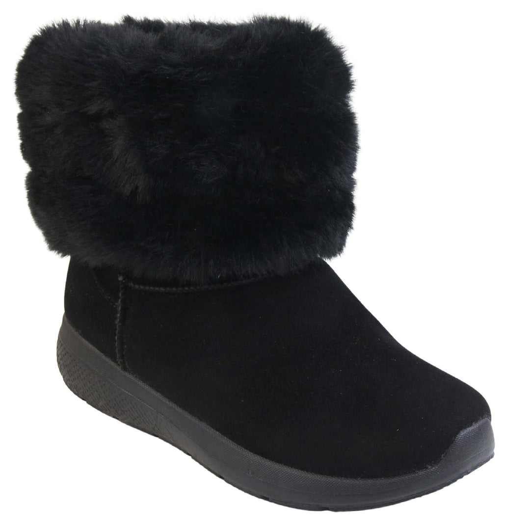 Womens Faux Fur Lined Ankle Boots - Black ankle boots with slight wedge heel, suede effect upper with soft faux fur cuff, scuff resistant bumper to front. Right foot at angle.