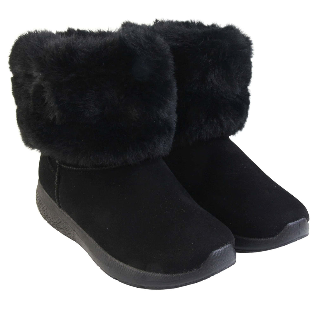 Womens Faux Fur Lined Ankle Boots - Black ankle boots with slight wedge heel, suede effect upper with soft faux fur cuff, scuff resistant bumper to front. Both feet facing angle.