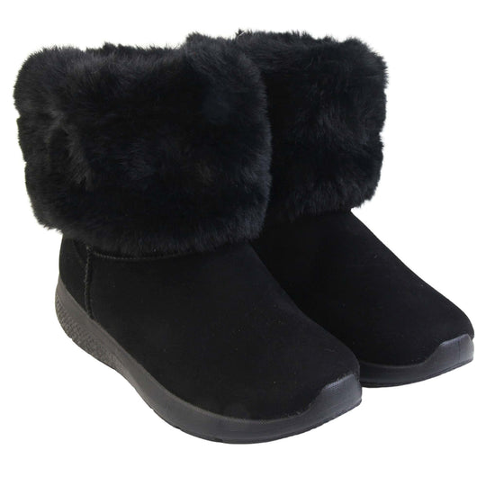 Womens Faux Fur Lined Ankle Boots - Black ankle boots with slight wedge heel, suede effect upper with soft faux fur cuff, scuff resistant bumper to front. Both feet facing angle.