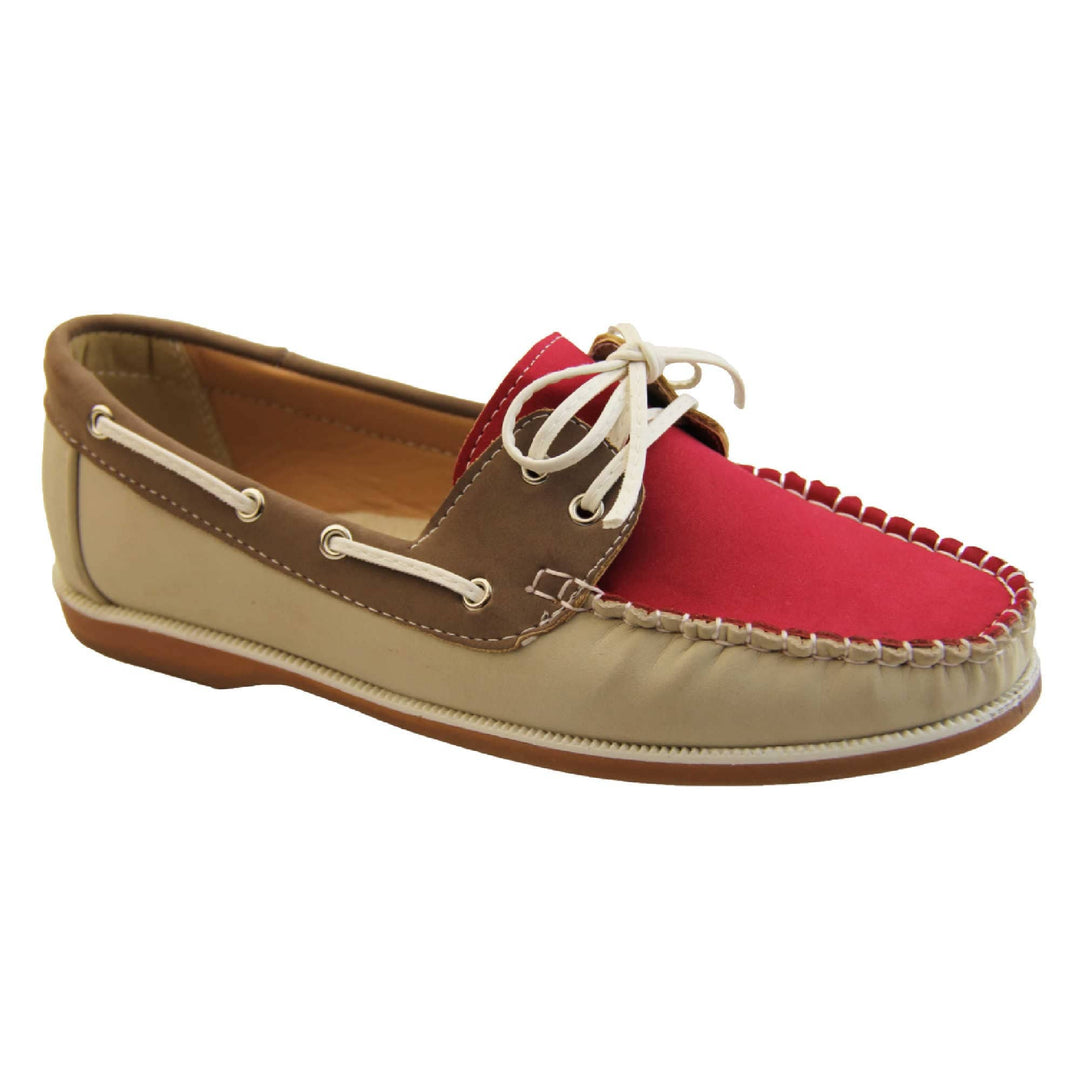 Womens Deck Shoes with Laces - Fuchsia Pink upper and tongue with contrast stitching and lace up fastening. Beige PU upper to sides and tan brown cuff and rim, with tan soles with white above. Lace cords to side in lines with eyelets in boat shoe design. Right side view.