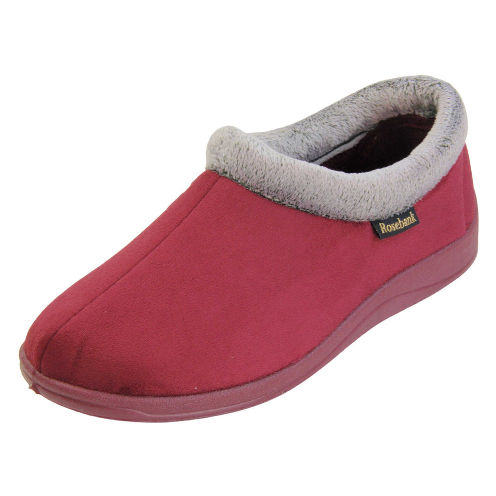 Womens boot slippers. Womens low top bootie style slippers with burgundy velour uppers. Grey plush textile collar. Matching textile lining. Firm red sole. Left foot at an angle.