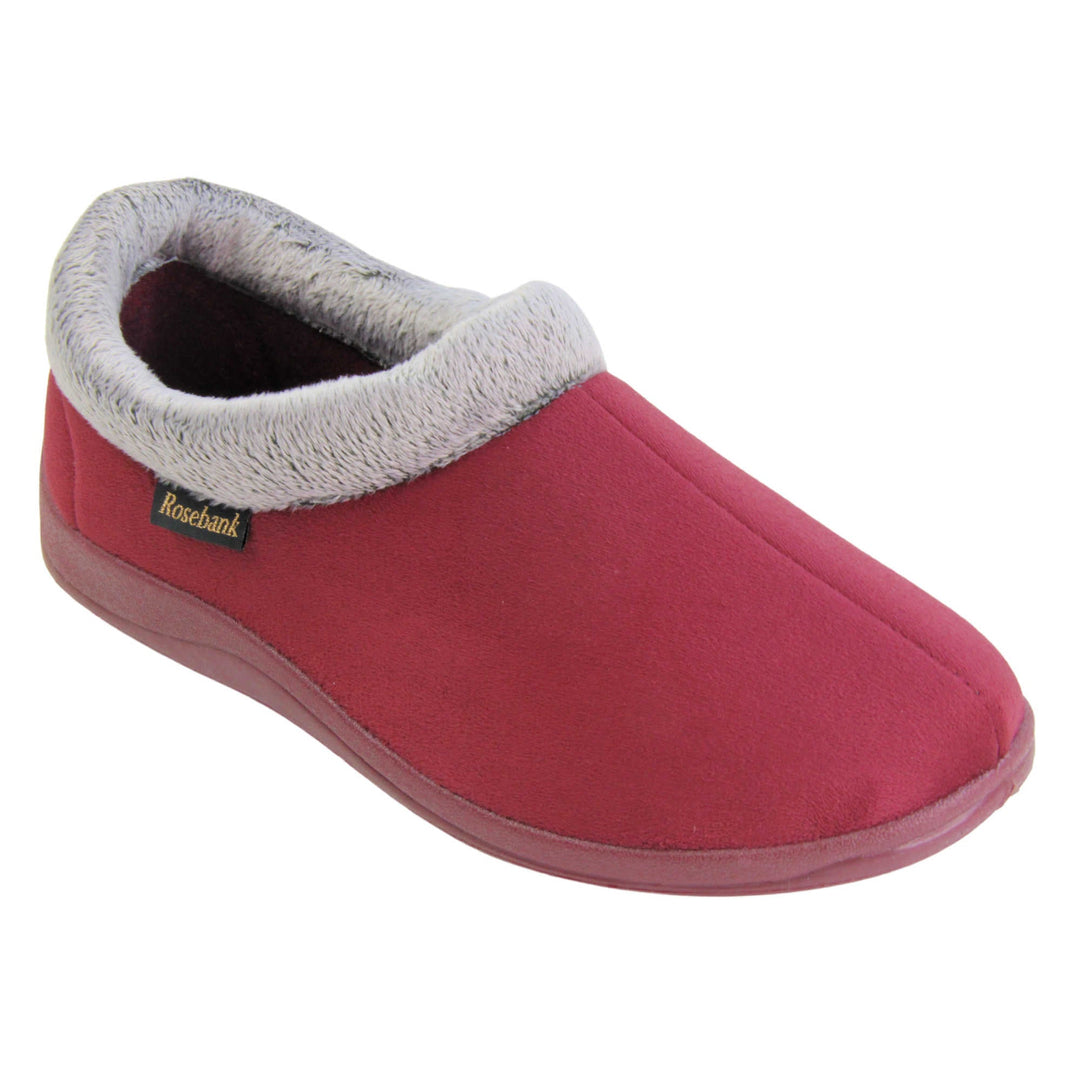 Womens boot slippers. Womens low top bootie style slippers with burgundy velour uppers. Grey plush textile collar. Matching textile lining. Firm red sole. Right foot at an angle.