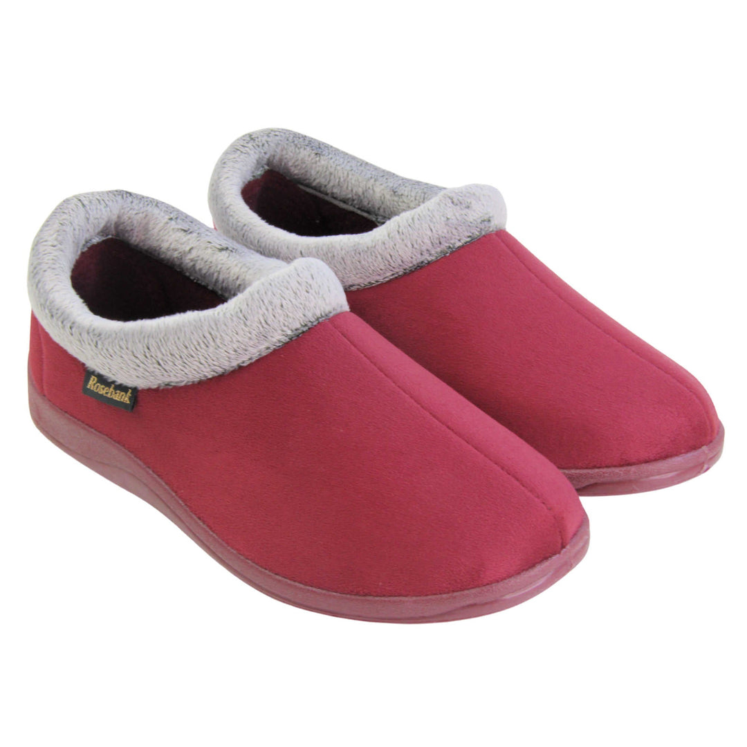 Womens boot slippers. Womens low top bootie style slippers with burgundy velour uppers. Grey plush textile collar. Matching textile lining. Firm red sole. Both feet together at an angle.