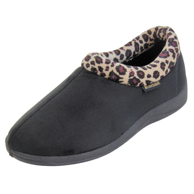 Womens bootie slippers. Womens low top bootie style slippers with black velour uppers. Leopard print plush textile collar. Black textile lining. Firm black sole. Left foot at an angle.