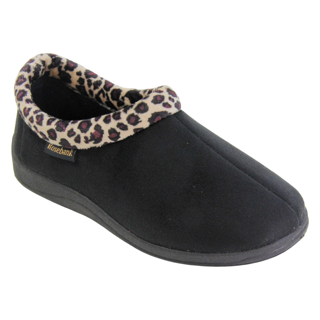 Womens bootie slippers. Womens low top bootie style slippers with black velour uppers. Leopard print plush textile collar. Black textile lining. Firm black sole. Right foot at an angle.