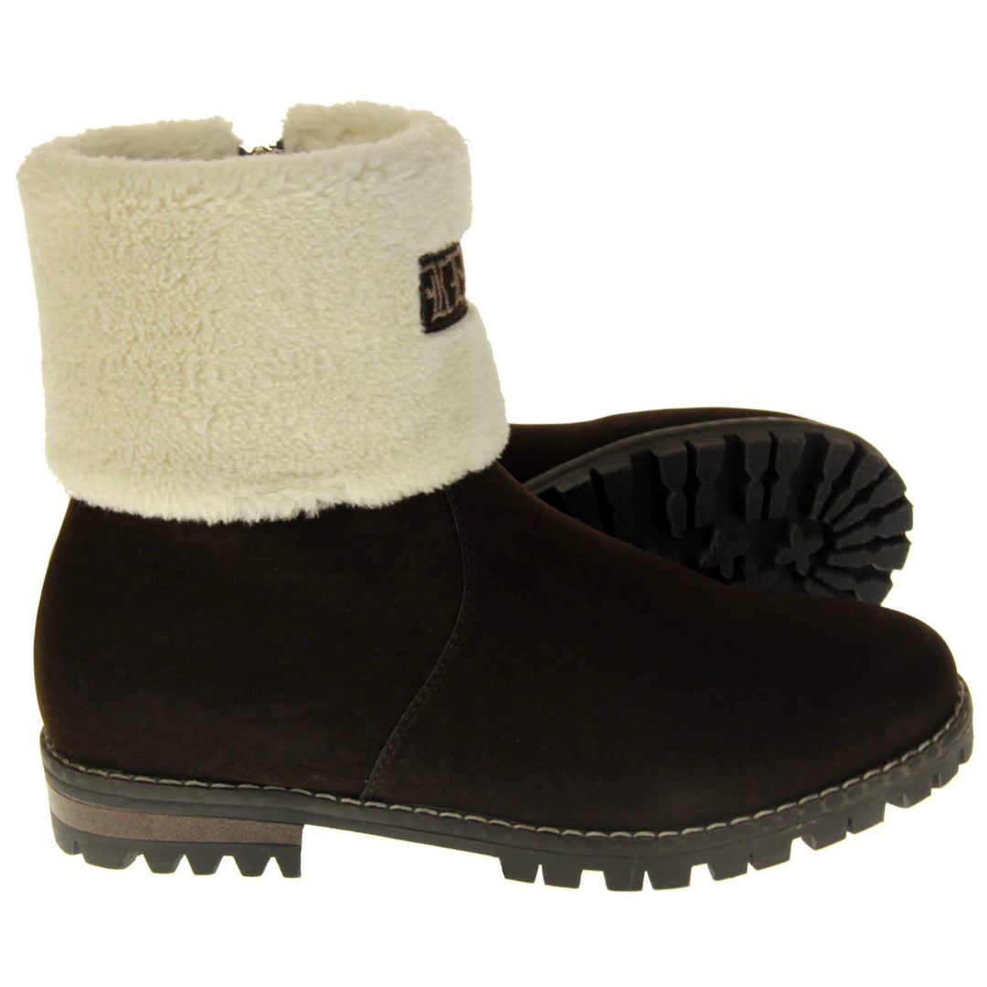 Womens Brown Ankle Boots - Brown synthetic suede upper, contrast stitching to outsole and light cream fur to cuff with 'Keddo' logo to front. Side view with outsole showing.