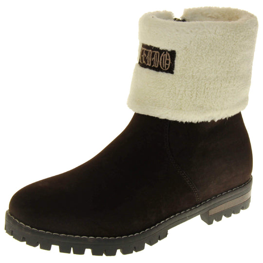 Womens Brown Ankle Boots - Brown synthetic suede upper, contrast stitching to outsole and light cream fur to cuff with 'Keddo' logo to front. Left foot at angle.