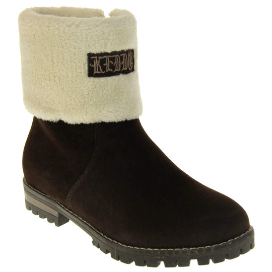 Womens Brown Ankle Boots - Brown synthetic suede upper, contrast stitching to outsole and light cream fur to cuff with 'Keddo' logo to front. Right foot at angle.