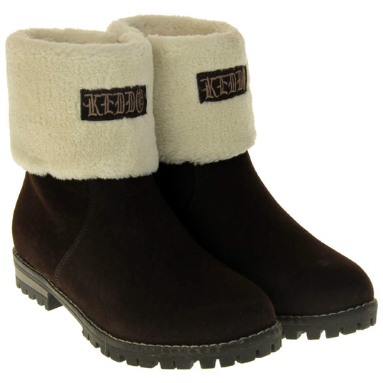 Womens Brown Ankle Boots - Brown synthetic suede upper, contrast stitching to outsole and light cream fur to cuff with 'Keddo' logo to front. Both feet at angle.