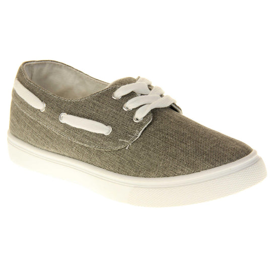Womens canvas pumps. Sneaker style shoes with a grey canvas upper and white laces and white lace detailing around the outside of the collar. White outsole with slip-resistant grip to the bottom. Right foot at an angle.