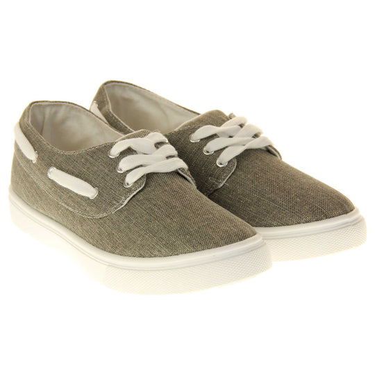 Womens canvas pumps. Sneaker style shoes with a grey canvas upper and white laces and white lace detailing around the outside of the collar. White outsole with slip-resistant grip to the bottom. Both feet together at a slight angle.