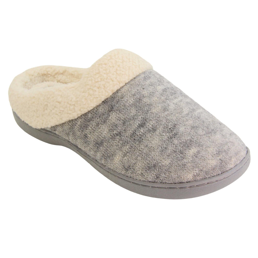 Womens cotton slippers. Womens slippers in a mule style. With grey cotton knit uppers and cream faux fur collar and lining. Grey hard synthetic soles with grip to the base. Right foot at an angle.