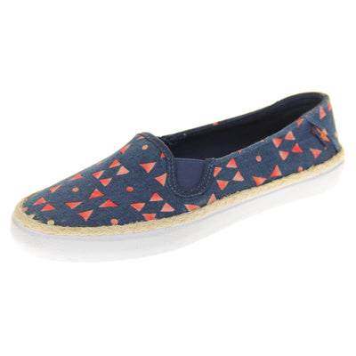 Womens espadrille flats. Plimsoll style shoes with a navy blue canvas upper with a red triangle design on it. Small Rocket Dog label to the heel. White outsole with espadrille rope around the top. Left foot at an angle.