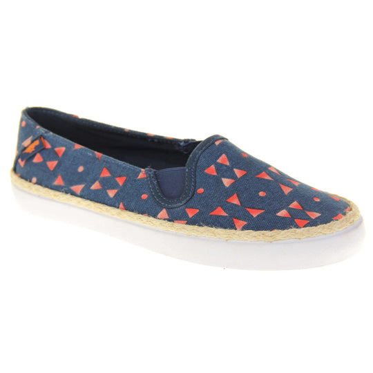 Womens espadrille flats. Plimsoll style shoes with a navy blue canvas upper with a red triangle design on it. Small Rocket Dog label to the heel. White outsole with espadrille rope around the top. Right foot at an angle.