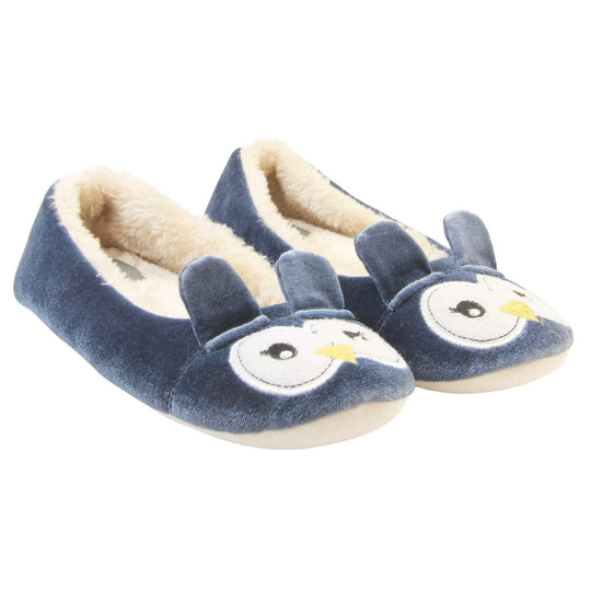 Owl slippers womens. Ladies slippers in a ballerina style. With blue velvety upper, cute embroidered owl face and blue ears. White faux fur lining. Beige textile sole with bumps to the bottom for grip. Both feet together at an angle.