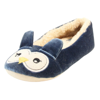 Owl slippers womens. Ladies slippers in a ballerina style. With blue velvety upper, cute embroidered owl face and blue ears. White faux fur lining. Beige textile sole with bumps to the bottom for grip. Left foot at an angle.