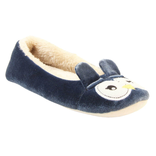 Owl slippers womens. Ladies slippers in a ballerina style. With blue velvety upper, cute embroidered owl face and blue ears. White faux fur lining. Beige textile sole with bumps to the bottom for grip. Right foot at an angle.