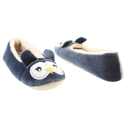 Owl slippers womens. Ladies slippers in a ballerina style. With blue velvety upper, cute embroidered owl face and blue ears. White faux fur lining. Beige textile sole with bumps to the bottom for grip. Both feet at an angle, facing top to tail.