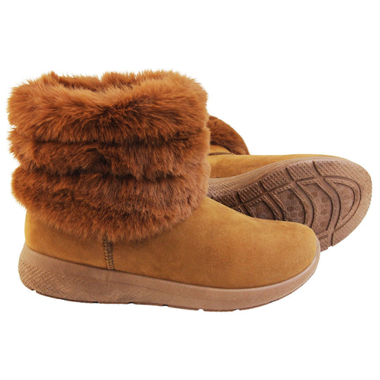 Womens Faux Fur Lined Winter Boots - Tan Brown ankle boots with slight wedge heel, suede effect upper with soft faux fur cuff, scuff resistant bumper to front. Both feet, side on with outsole showing.