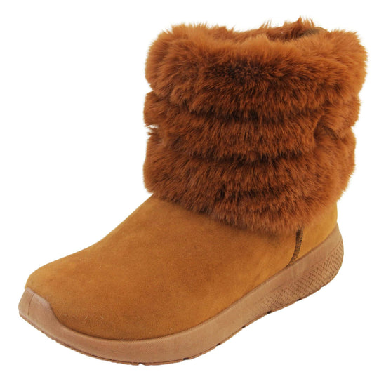 Womens Faux Fur Lined Winter Boots - Tan Brown ankle boots with slight wedge heel, suede effect upper with soft faux fur cuff, scuff resistant bumper to front. Left foot at a diagonal.