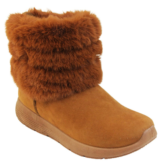 Womens Faux Fur Lined Winter Boots - Tan Brown ankle boots with slight wedge heel, suede effect upper with soft faux fur cuff, scuff resistant bumper to front. Right foot at a diagonal.
