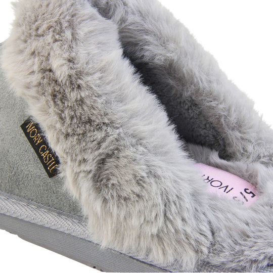 Womens faux fur mule slippers. Slip on style slippers with light grey faux suede uppers. Light grey faux fur lining and collar. Firm grey outsole with grip on the bottom. Close up of the fluffy lining and collar.