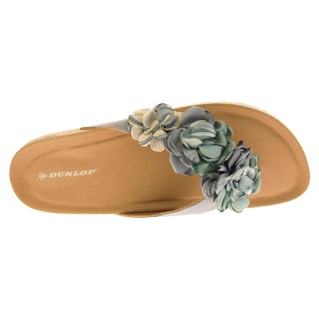 Womens Blue Floral Sandals - Stunning festival style flowers across the top strap in different shades of blue and cream with toepost to front. Soft tan faux leather footbed sandals with white soles. Perfect for weddings, beaches, holidays or casual wear. View from above.