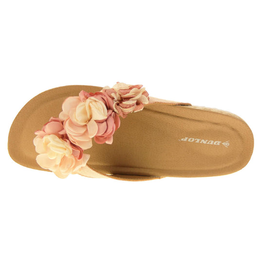 Womens Pink Floral Sandals - Stunning festival style flowers across the top strap in different shades of pink and cream with toepost to front. Soft tan faux leather footbed sandals with white soles. Perfect for weddings, beaches, holidays or casual wear. Birds eye view.