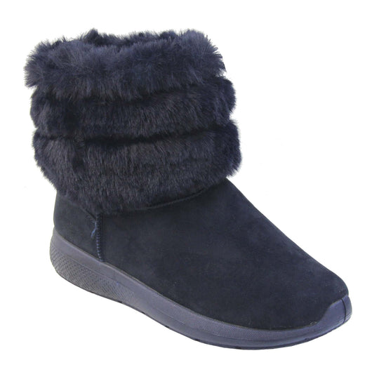 Womens Faux Fur Lined Winter Boots - Navy Blue ankle boots with slight wedge heel, suede effect upper with soft faux fur cuff, scuff resistant bumper to front. Right foot at diagonal.