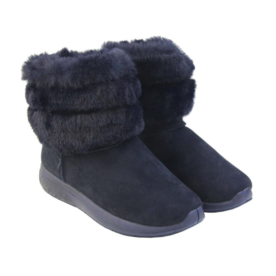 Womens Faux Fur Lined Winter Boots - Navy Blue ankle boots with slight wedge heel, suede effect upper with soft faux fur cuff, scuff resistant bumper to front. Both feet at angle.