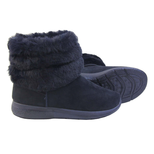 Womens Faux Fur Lined Winter Boots - Navy Blue ankle boots with slight wedge heel, suede effect upper with soft faux fur cuff, scuff resistant bumper to front. Both feet with outsole showing.