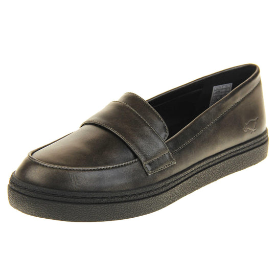 Women's grey loafer. Loafer style shoes with a pewter grey faux leather upper. With a bar detail over the foot. Rocket Dog logo to the outside heel. Chunky black sole with slip resistant grip to the bottom. Left foot at an angle.