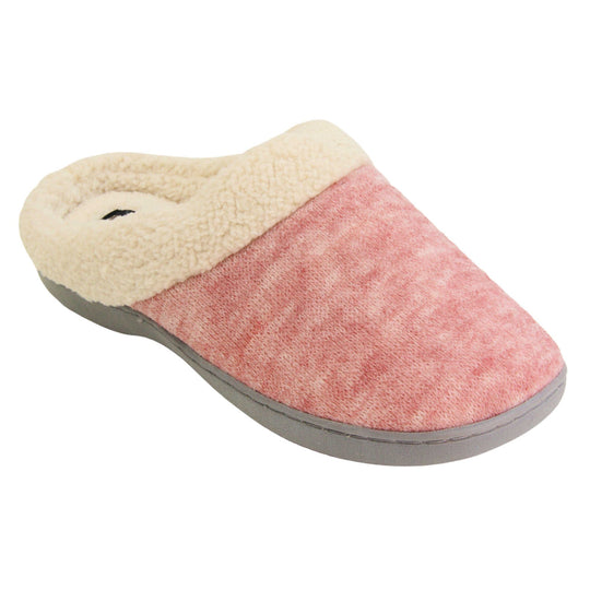 Womens hard sole slippers. Womens slippers in a mule style. With pink cotton knit uppers and cream faux fur collar and lining. Grey hard synthetic soles with grip to the base. Right foot at an angle.