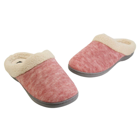 Womens hard sole slippers. Womens slippers in a mule style. With pink cotton knit uppers and cream faux fur collar and lining. Grey hard synthetic soles with grip to the base. Both feet in a wide V shape with the toes almost touching.