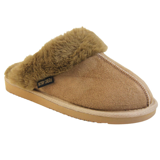 Womens Ivory Castle Slippers. Mule style slippers with taupe faux suede uppers. Taupe faux fur lining and collar. Firm taupe outsole with grip on the bottom. Right foot at an angle.