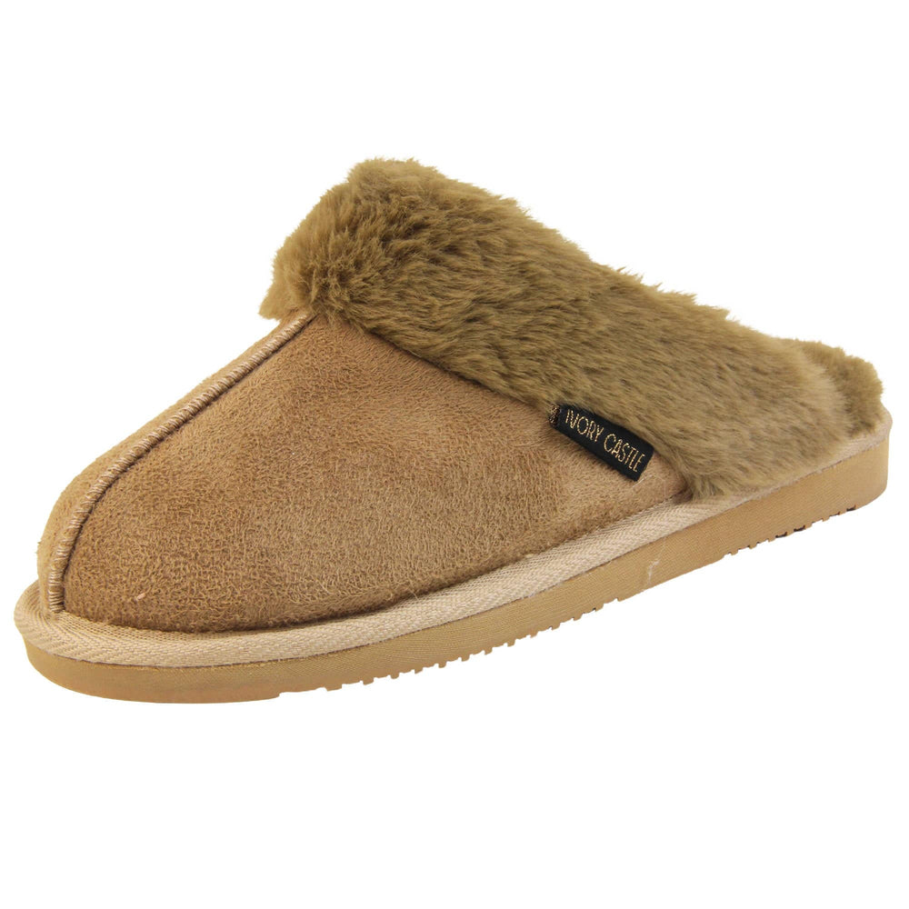 Womens Ivory Castle Slippers. Mule style slippers with taupe faux suede uppers. Taupe faux fur lining and collar. Firm taupe outsole with grip on the bottom. Left foot at an angle.