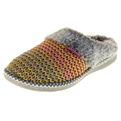 Womens knit slippers. Mule style slippers with pink and blue knit uppers with metallic gold thread running through. Grey faux fur collar. Pink textile lining and firm grey outsole with grip on the bottom. Left foot at an angle.