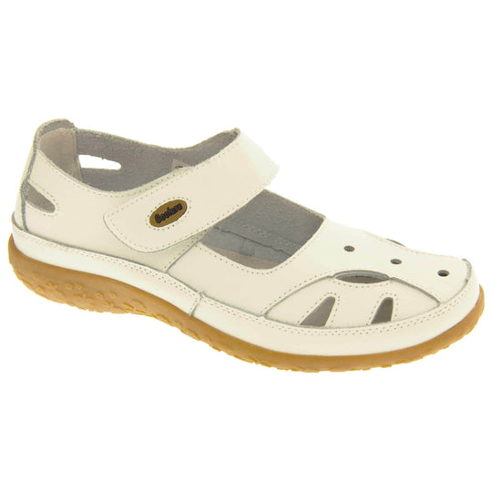 Womens leather shoes. Mary Jane style shoes. White leather uppers with white stitching detail. White touch fasten strap over the foot with brown oval, where it fastens, with Coolers logo in the centre. Cut outs in the middle, edges and heel of the shoes. Brown synthetic soles with flower design grips. Right foot at an angle.