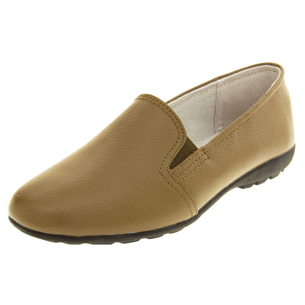 Women's loafers brown. Slip on loafer style shoes with a taupe leather upper. Brown elasticated gusset. Black sole with grip to the bottom. Left foot at an angle.